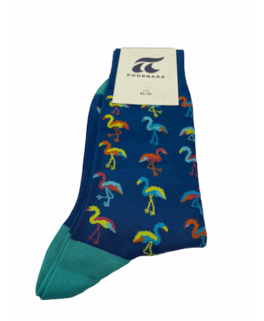Pournara Fashion Socks in Blue Base with Colored Flamingos