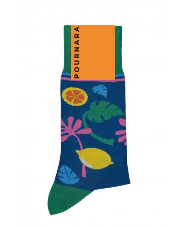 Modern sock by Pournara on a blue base with leaves and lemons