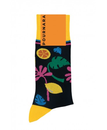 Modern sock by Pournara on a black base with leaves and lemons