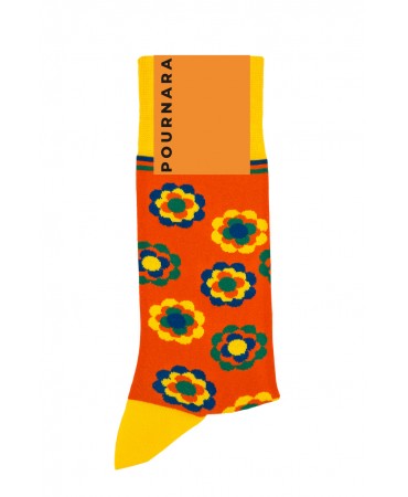 Fashion κάλτσα της Pournara σε σε πορτοκαλι χρώμα με πολύχρωμες μαργαρίτες