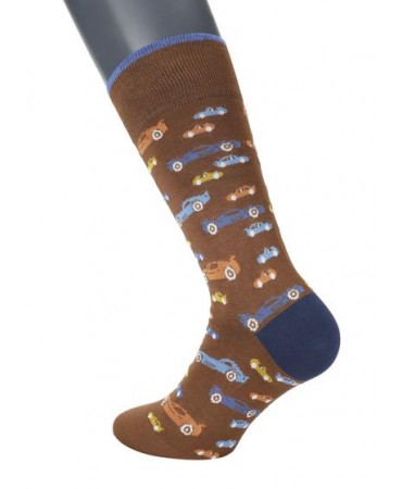 Fashion men's sock on a brown base with colorful cars