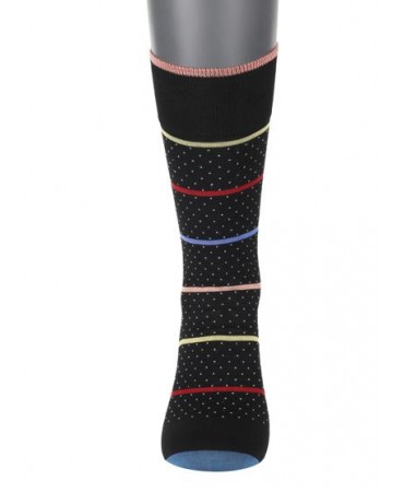 Pournara Fashion men's sock black with beige micro pattern and stripe in red, blue, beige and salmon
