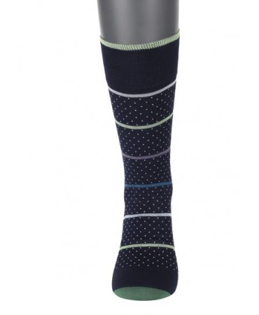 Purnara men's sock on a blue base with a small beige pattern and stripes in petrol, purple, green and blue