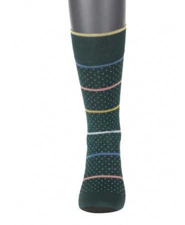 Men's sock Purenara on a green base with a small beige pattern and striped raff, salmon, yellow and blue