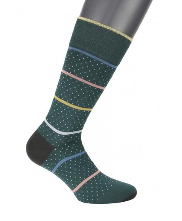 Men's sock Purenara on a green base with a small beige pattern and striped raff, salmon, yellow and blue POURNARA FASHION Socks