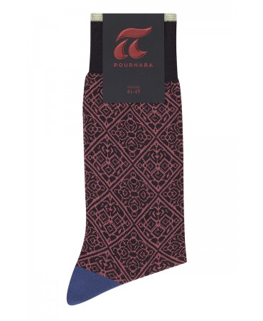 Burgundy socks with geometric shapes in coral color by Pournara