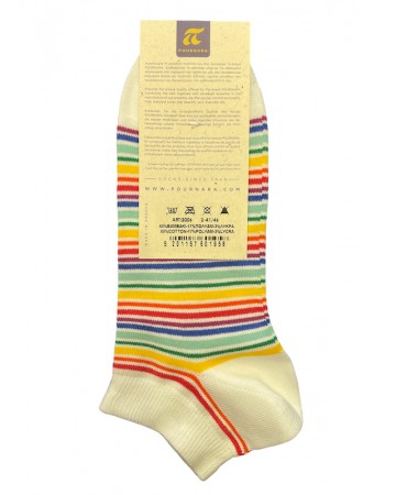 On a white base, men's short socks with colorful stripes