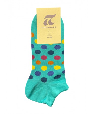On a turquoise base, short socks for men with colorful polka dots
