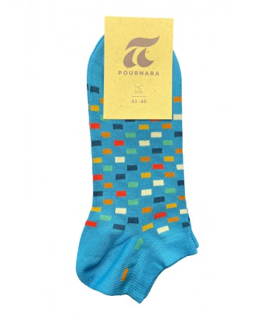 Pournara Fashion men's short socks in turquoise base with colorful squares