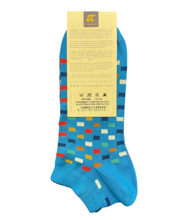 Pournara Fashion men's short socks in turquoise base with colorful squares