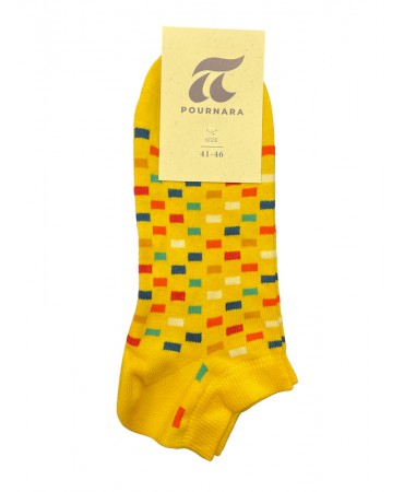 Pournara Fashion men's short socks on a yellow base with colorful squares