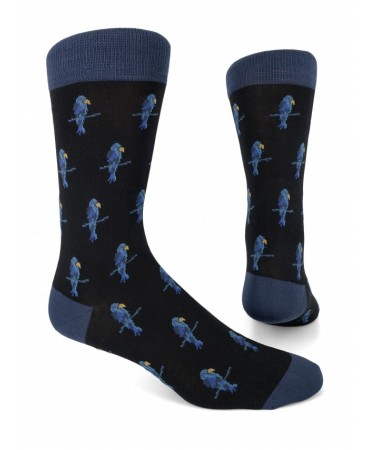 Fashion sock by Pournara on a black base with blue parrots