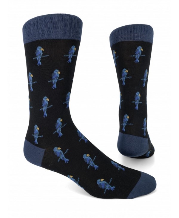 Fashion sock by Pournara on a black base with blue parrots POURNARA FASHION Socks