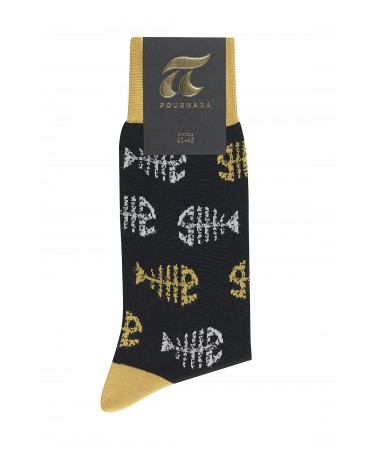 Fashion sock Pournara black with white and yellow herringbones