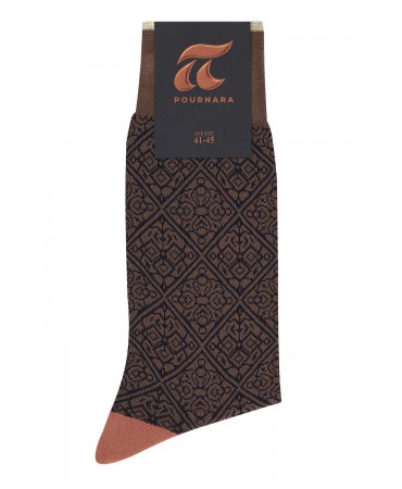 Fashion sock by Pournara on a brown base with a black geometric design