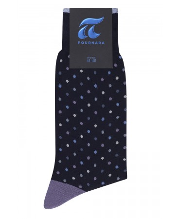 Blue sock with colorful polka dots and purple trim