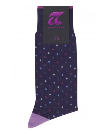 Purple sock with colorful polka dots