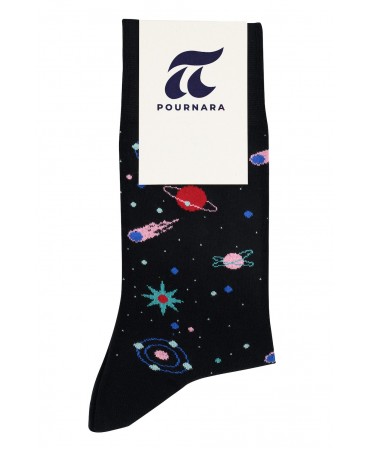 Planets in various colors on a black sock
