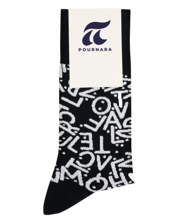 Men's black sock with the English alphabet in white