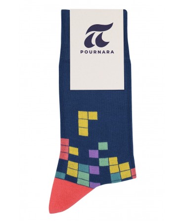 Blue men's sock with colorful tetris and coral trim