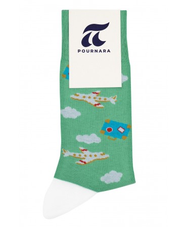 Pournara men's socks green with airplanes and suitcases