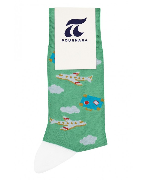 Pournara men's socks green with airplanes and suitcases POURNARA FASHION Socks