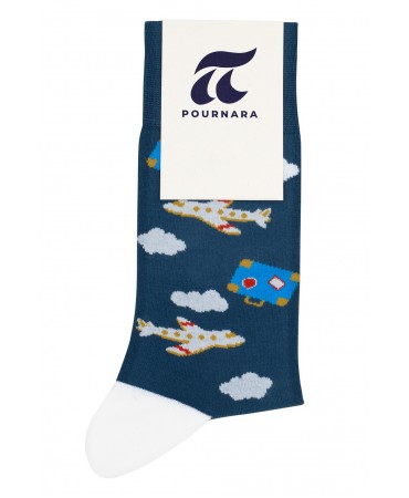 Blue sock with airplanes and suitcases