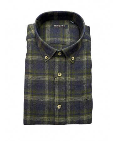 Men's blue cotton flannel shirt with green check