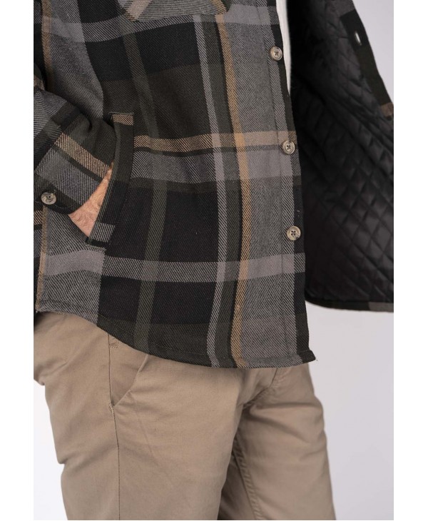 Pre End shirt with shacket lining on gray base with green and black check JACKET