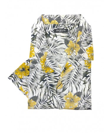 Men's shirt with short sleeves on a white base with yellow flowers