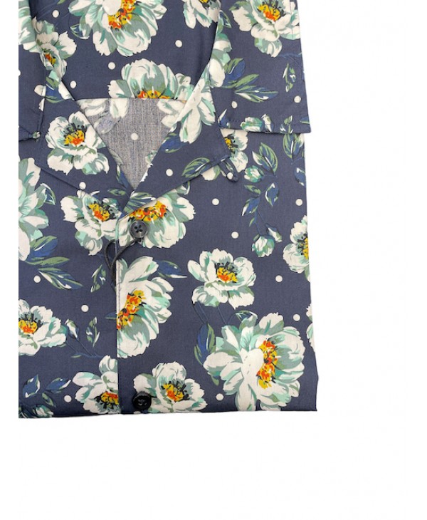 PreEnd shirt for men in a comfortable line printed with short sleeves on a blue base with white flowers PRE END SHIRTS 