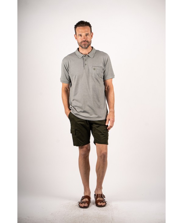 Men's polo shirt with a pocket in olive color and special trims on the collar SHORT SLEEVE POLO 