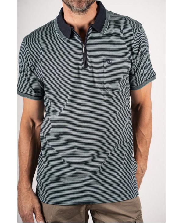Men's t-shirt with a zipper in a blue base with a green stripe and a pocket SHORT SLEEVE POLO 