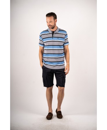 Men's polo shirt with gray blue and black stripes