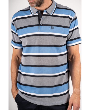 Men's polo shirt with gray blue and black stripes