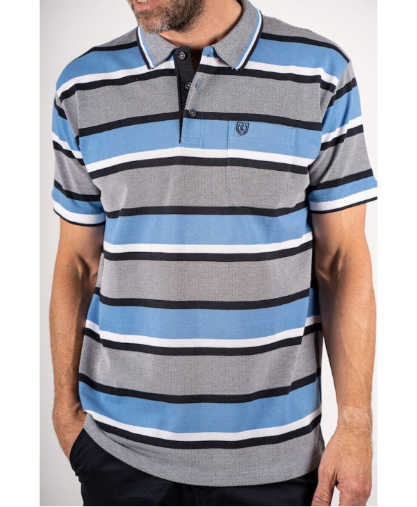 Αντρικό πόλο μπλουζάκι με γκρι μπλε και μαύρες ρίγες  ΠΟΛΟ ΚΟΥΜΠΙ ΚΟΝΤΟ ΜΑΝΙΚΙ
