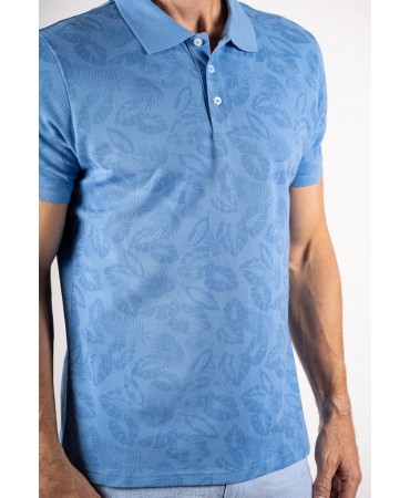 Men's polo shirt on a light blue base with forest patterns