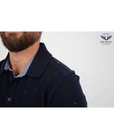 Polo Pique with Long Sleeve in Blue Base with Brown Small Side Effect