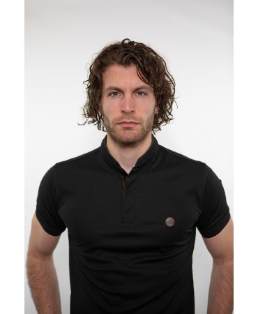Mao men's summer t-shirt in black color with brown placket