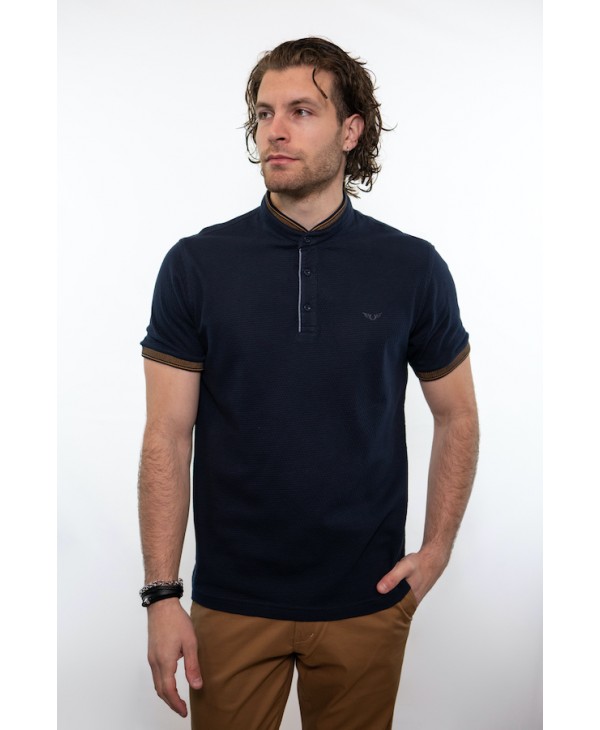 With mao collar men's t-shirt in blue color with raff trims SHORT SLEEVE POLO 