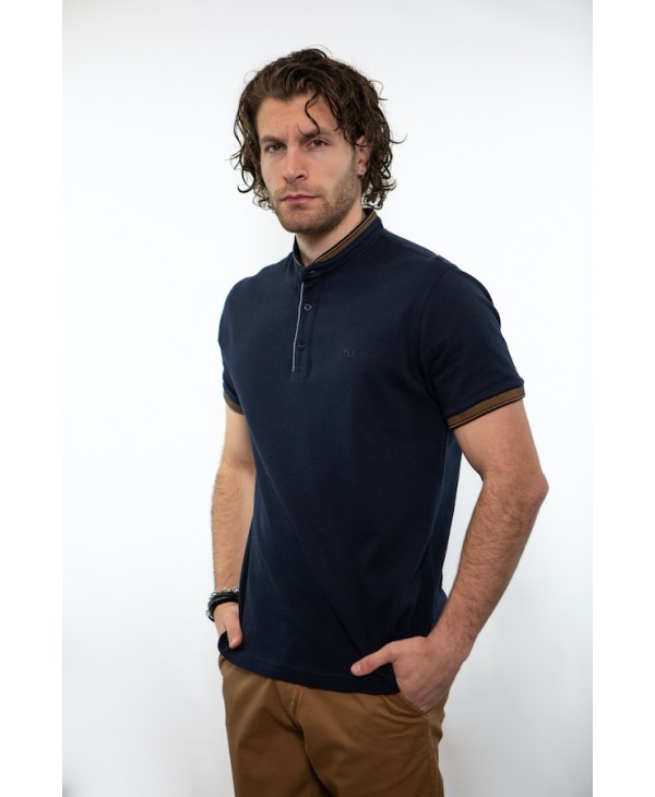With mao collar men's t-shirt in blue color with raff trims SHORT SLEEVE POLO 