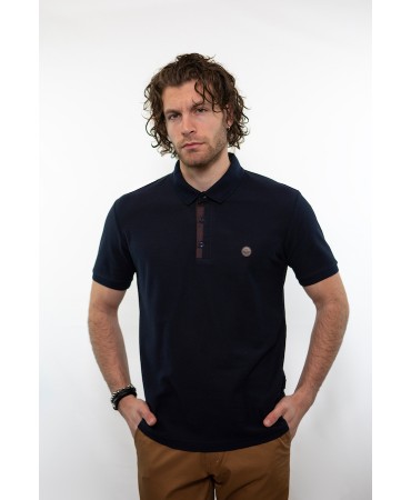 Blue men's polo shirt with brown trim and hidden placket