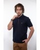 Blue men's polo shirt with brown trim and hidden placket SHORT SLEEVE POLO 