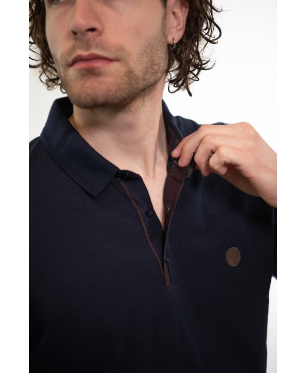 Blue men's polo shirt with brown trim and hidden placket SHORT SLEEVE POLO 