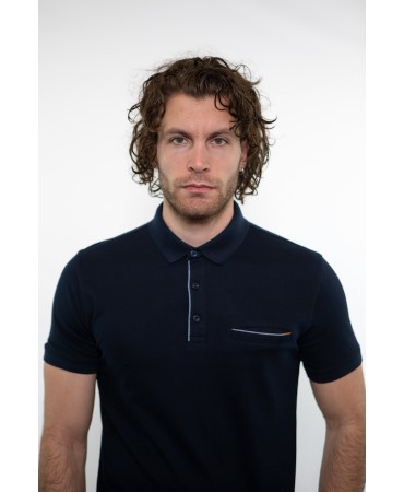 In blue color men's polo shirt with pocket and gray trim