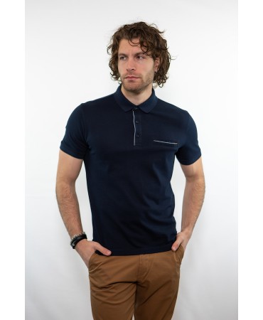 In blue color men's polo shirt with pocket and gray trim