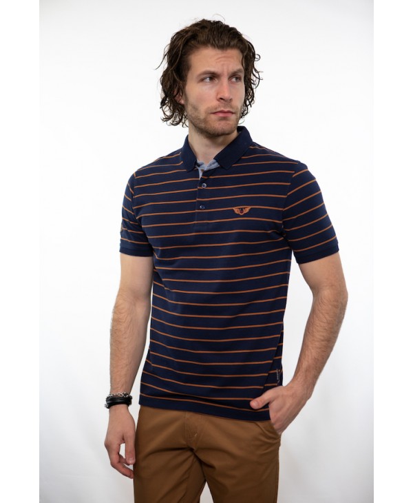 Side effect men's polo shirt with a button in a blue base with a striped taba SHORT SLEEVE POLO 
