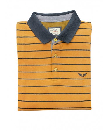 Men's polo shirt in brown base with blue stripe and collar