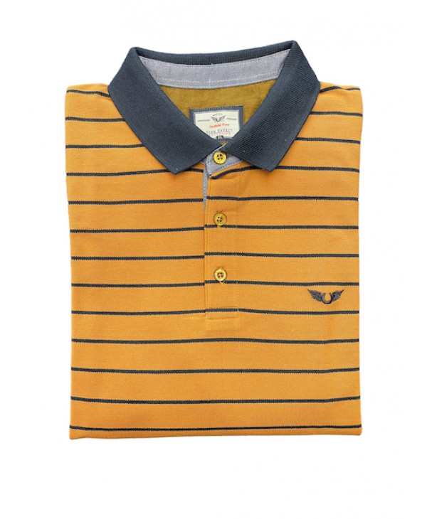 Men's polo shirt in brown base with blue stripe and collar SHORT SLEEVE POLO 