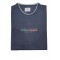 Blue men's t-shirt with white trim on the collar and two-tone embossed print
